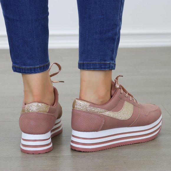 Glittery Pink & White Chunky Platform Sneakers - Picture 6 of 8